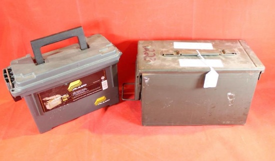 Two ammo boxes, one metal 5.56 and one plastic plano box
