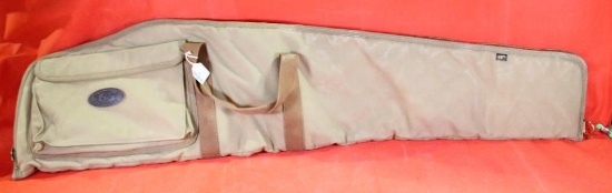 One Boyt desert tan soft side rifle case with side pockets