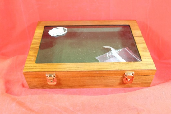 One glass front wood display case 14"X 9 1/2", felt lined