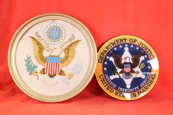 One Department of Justice United States Marshal wall hanging and one embroidered eagle emblem wall