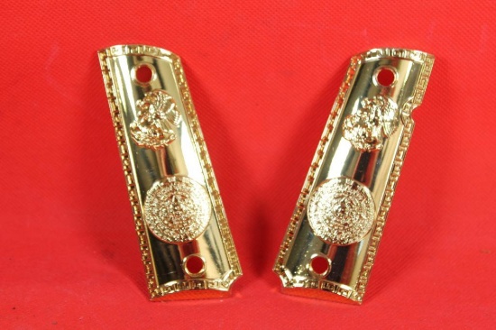Gold colored metal 1911 grips with Mexican design, new
