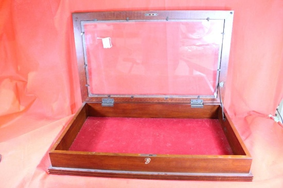 One glass front wood display case 28 1/2"X 18", felt lined. Will not ship, pick-up only.