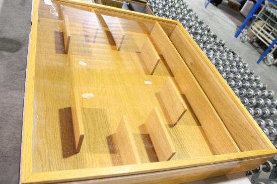Large glass front wood hanging display case with shelves 32"X 36". Will not ship, pick-up only.