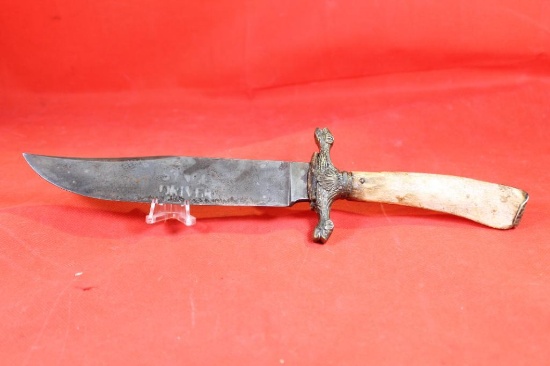 Handmade Bowie knife with 7" blade and bone handle. Blade is stamped "Stage Driver" and "Wells Fargo