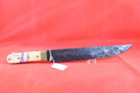 Handmade Bowie knife with bone handle, 11" blade with "JFB" stamped on it.