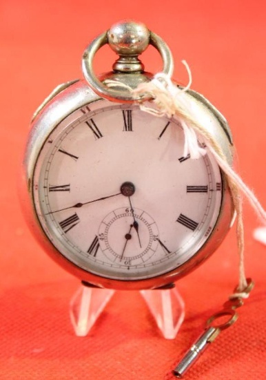 Antique Waltham Broadway open face pocket watch with key estimated production date 1881, size 18,