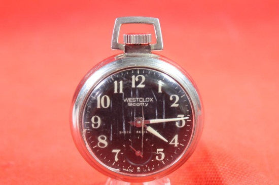 Westclox "Scotty" pocket watch, also known as a "Dollar Watch", scratches on front, works