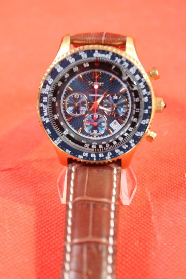 Stauer men's Chronograph Flyboy blue watch with stainless steel case and brown leather band, works