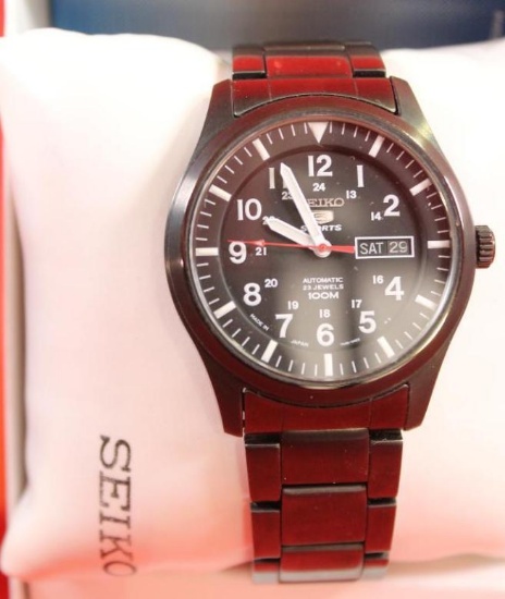 Seiko 5 Sports wristwatch, black stainless case and band, works in box