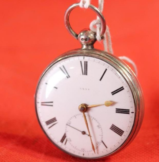 Antique sterling silver English Fusee, pre-Civil War open face pocket watch, made in 1851 by JJ