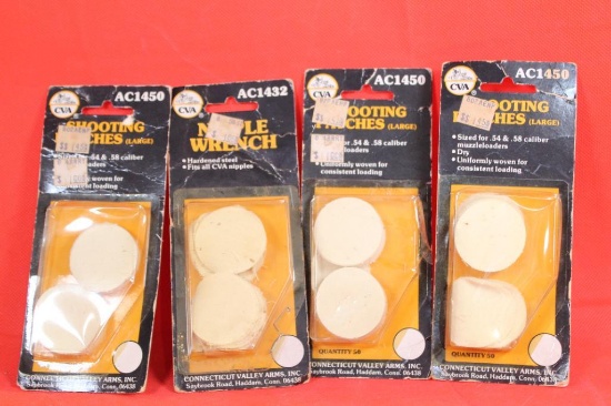 Four Connecticut Valley packages of 54 & 58 cal cloth shooting patches. New.