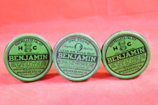 Two cans of Benjamin pellets and one can of lead air rifle shot.
