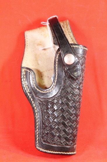 Black tooled leather right handed belt holster with snap trigger loop for small revolver, Elk hide