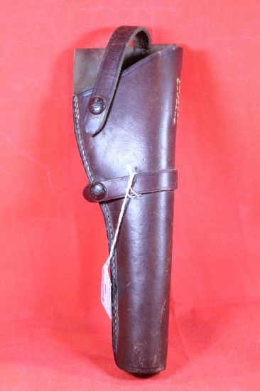 Dark brown leather single strap right handed belt holster with snap trigger loop for 5" revolver.