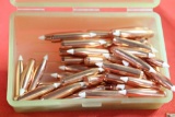 Lt green plastic box of 6.5mm 130 gr Tipped bullets. Count 50.