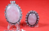 One German silver ring size 9 with a rose quartz stone and one german silver pendant with chain with