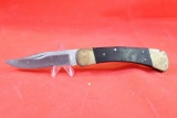 Older model Buck 110 folding hunter with 3.5 inch blade. Brass and wood handle.