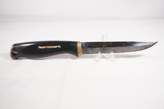 Normark Fiskars hunting knife. 4.75 inch heavy blade, original leather sheath. Knife has been used
