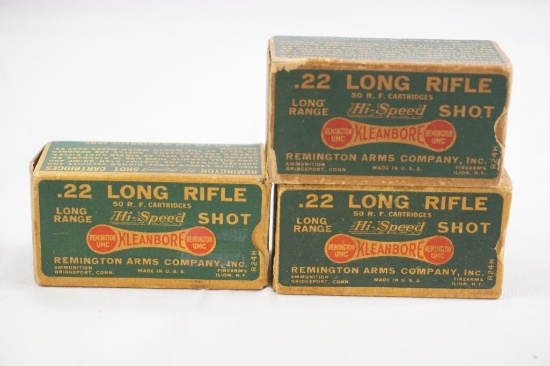 Three boxes of Remington UMC Kleanbore .22 Long Rifle ammo, new old stock, 150 count total