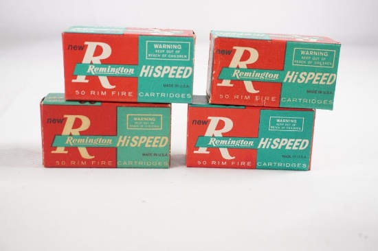 Four boxes of Remington Hi Speed 22LR ammo, new old stock, 200 count total