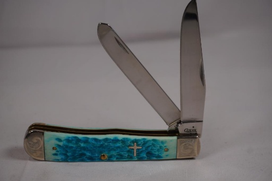 Case Sky Blue Trapper with 3.25 inch main blade. Engraved nickel silver bolsters. Jigged blue bone