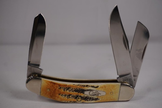 Case Sowbelly three-blade folder with 2.75 inch main blade. Burnt bone "Bonestage" scales. NIB with