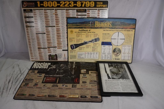 One Sierra reloading mat, One Burris scope mat, one Nosler reloading mat and one framed clipping