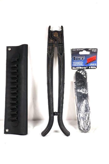Bag of miscellaneous gun items. Bi-podm Tuff shotgun QuickStrip and leather belt ammo holder.