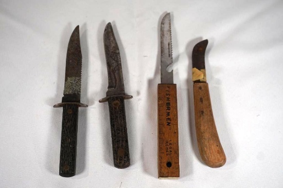 Four knives. Two sheath knives with 4.75 inch blades with no sheaths. One fishing knife with 4.75