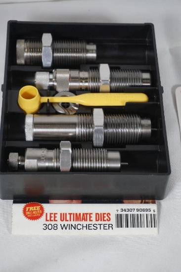 Lee Ultimate 4 die set for 308 Winchester with shell holder and manual powder scoop. Like new.