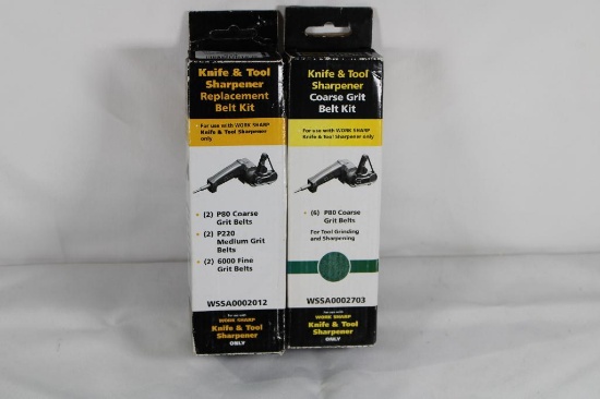Two workshop knife & tool sharpener belt kits. One (6) P80 grit and one (2) each P80, P220 and 6000