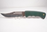 Schrade Model 140 OT hunting knife with 5.5 inch blade. Green synthetic handle, synthetic sheath.