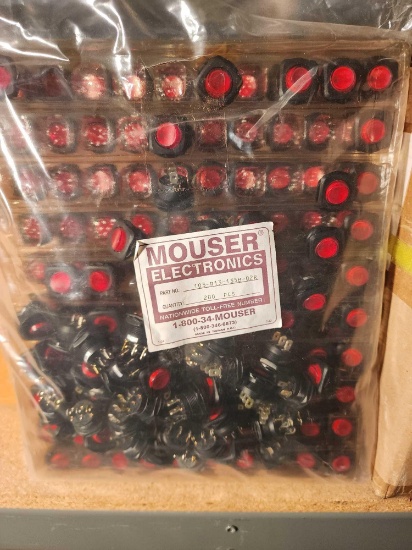 Box of MOUSER electronics LED on/off switches. New in box. 1000 count