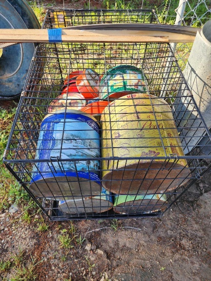 Large wire dog crate, 15 +/- collectors tins and wall trim.