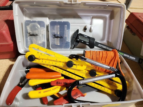 Tackle box with assorted wire strippers, two Utilitech master key door tumbler kits, etc.
