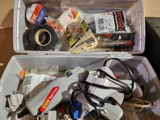 Plano tackle box with glue gun, wire nuts, electrical tape, etc.