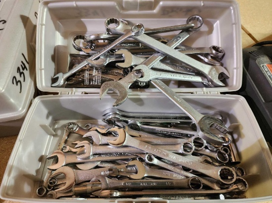 Plano tackle box with assorted open and closed end wrenches. Used.