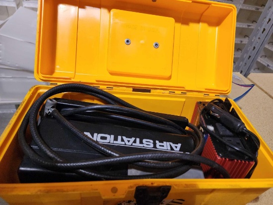 Yellow Stack-on tool box with Air-station air compressor and Maxx 350 watt DC to AC inverter.