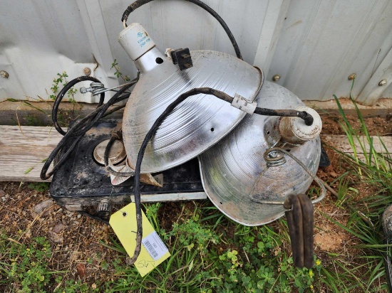 two heat lamps and two burner propane camp stove