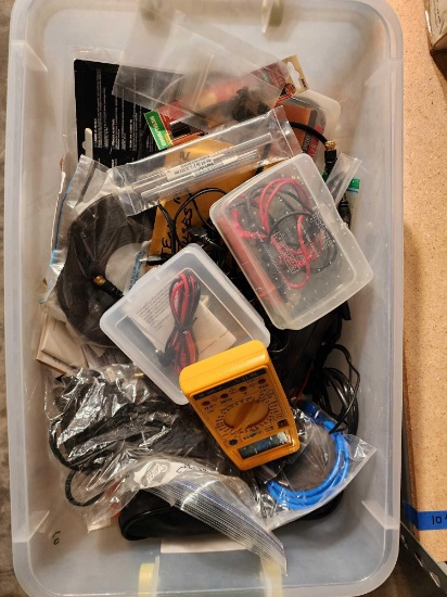 Large box of electronic items, testers, etc.