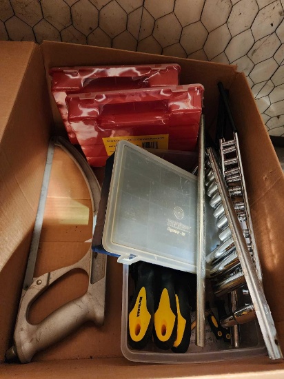 Miscellaneous tools, sockets, files, storage boxes, etc.