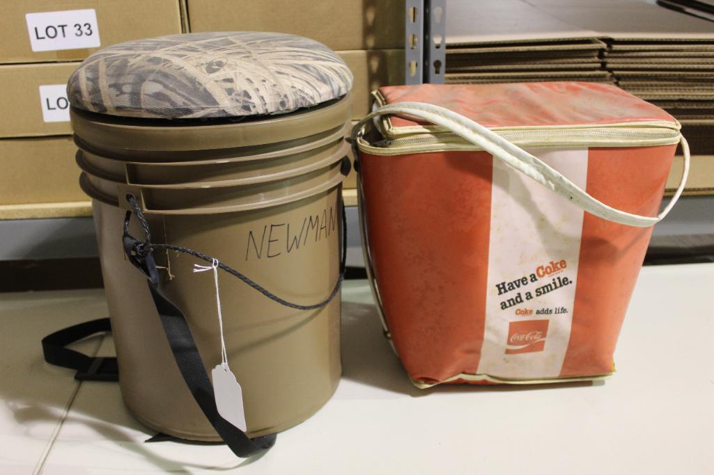 One brown five gallon bucket padded seat with | Proxibid