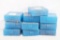 Ten blue plastic pistol ammo boxes.