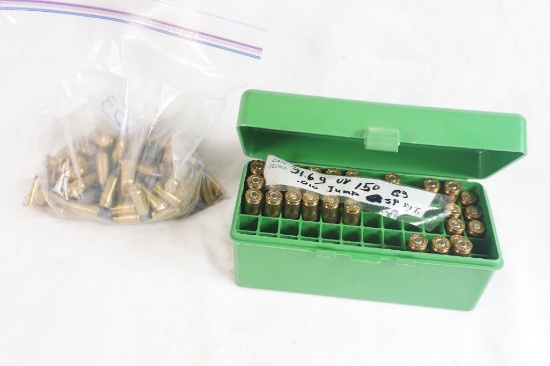 Bag of 9 MM ammo approx 50 count and green ammo box of 22-25- ammo 24 count and 6 brass