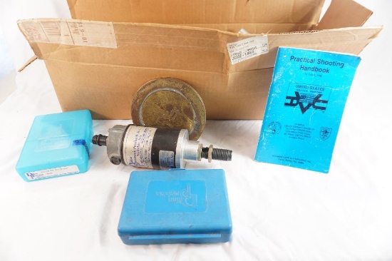 Box of misc dillon reloading items including dies, and press parts