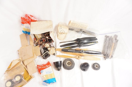 Box of miscellaneous RC plane parts, Switch servo's, prop's, etc.