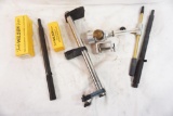 One nylon DeWalt bag with gun items, Harrell's precision powder measure, Wilson neck die for 6mm