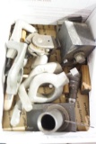 Box of miscellaneous sized bent tail lathe dogs, mill grinding attachment for regrinding end mill