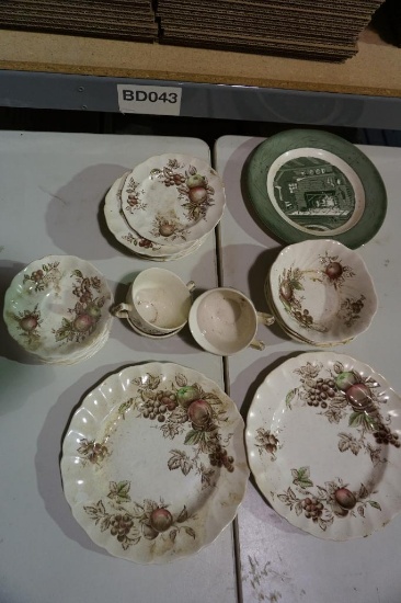 Johnson Bros " Harvest time" dishes, two dinner plates, 10 desert plates, nine saucers, 4 tea cups