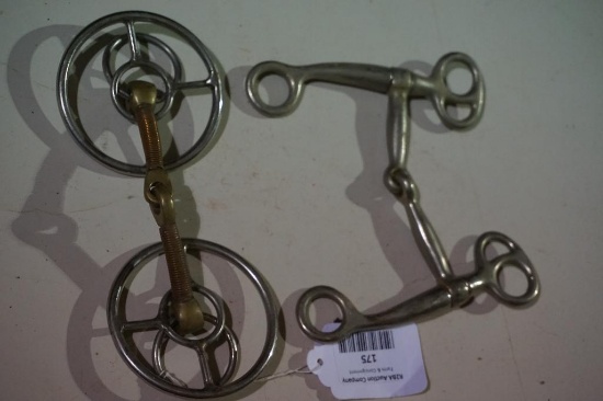 One single joint gag snaffle bit, and one breaking snaffle bit, Used.